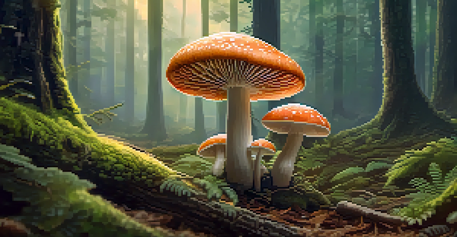 A close-up of psilocybin mushrooms in a lush forest with detailed gills and caps, illuminated by soft sunlight.