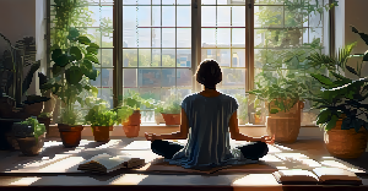 A person meditating in a sunlit room filled with plants, cushions, and books, creating a calm atmosphere.