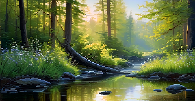 A peaceful forest at dawn with colorful wildflowers, tall trees, and a sparkling stream under soft golden light.