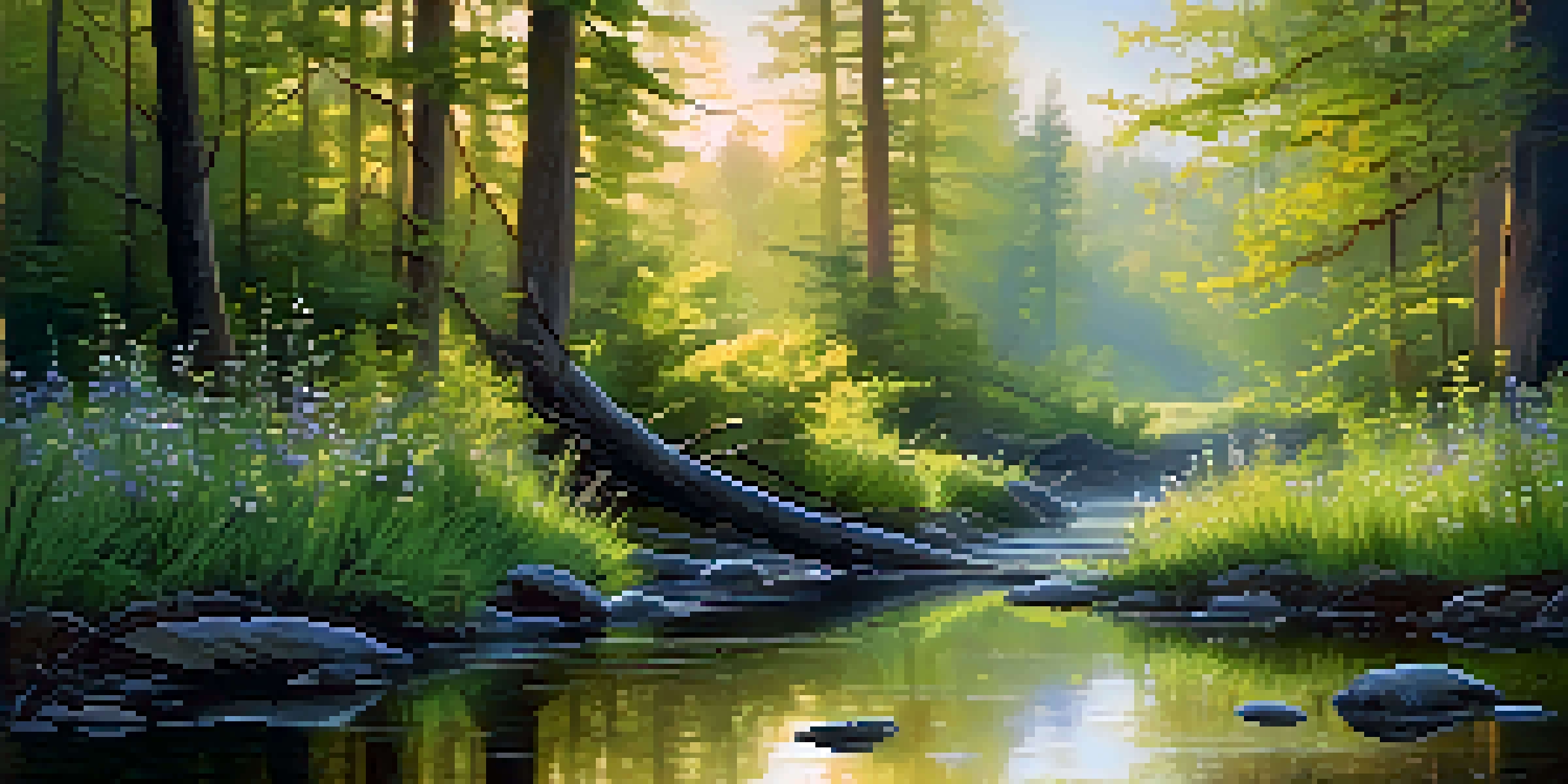 A peaceful forest at dawn with colorful wildflowers, tall trees, and a sparkling stream under soft golden light.