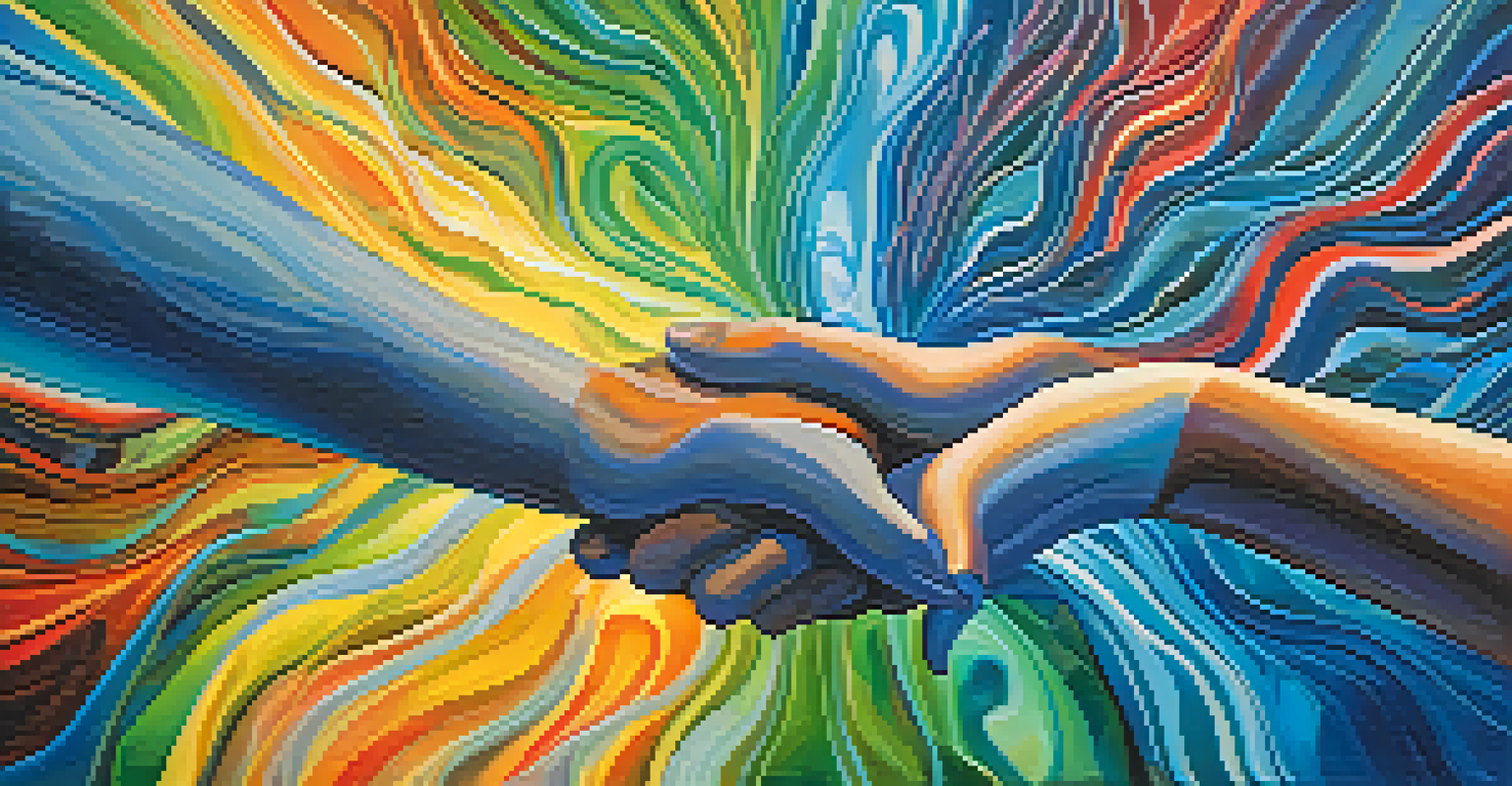 An artistic representation of trust, showing glowing intertwined hands against a calming abstract background of blue and green.