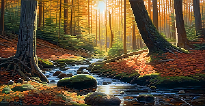 A colorful forest with sunlight streaming through the trees, illuminating vibrant mushrooms and a reflective stream.
