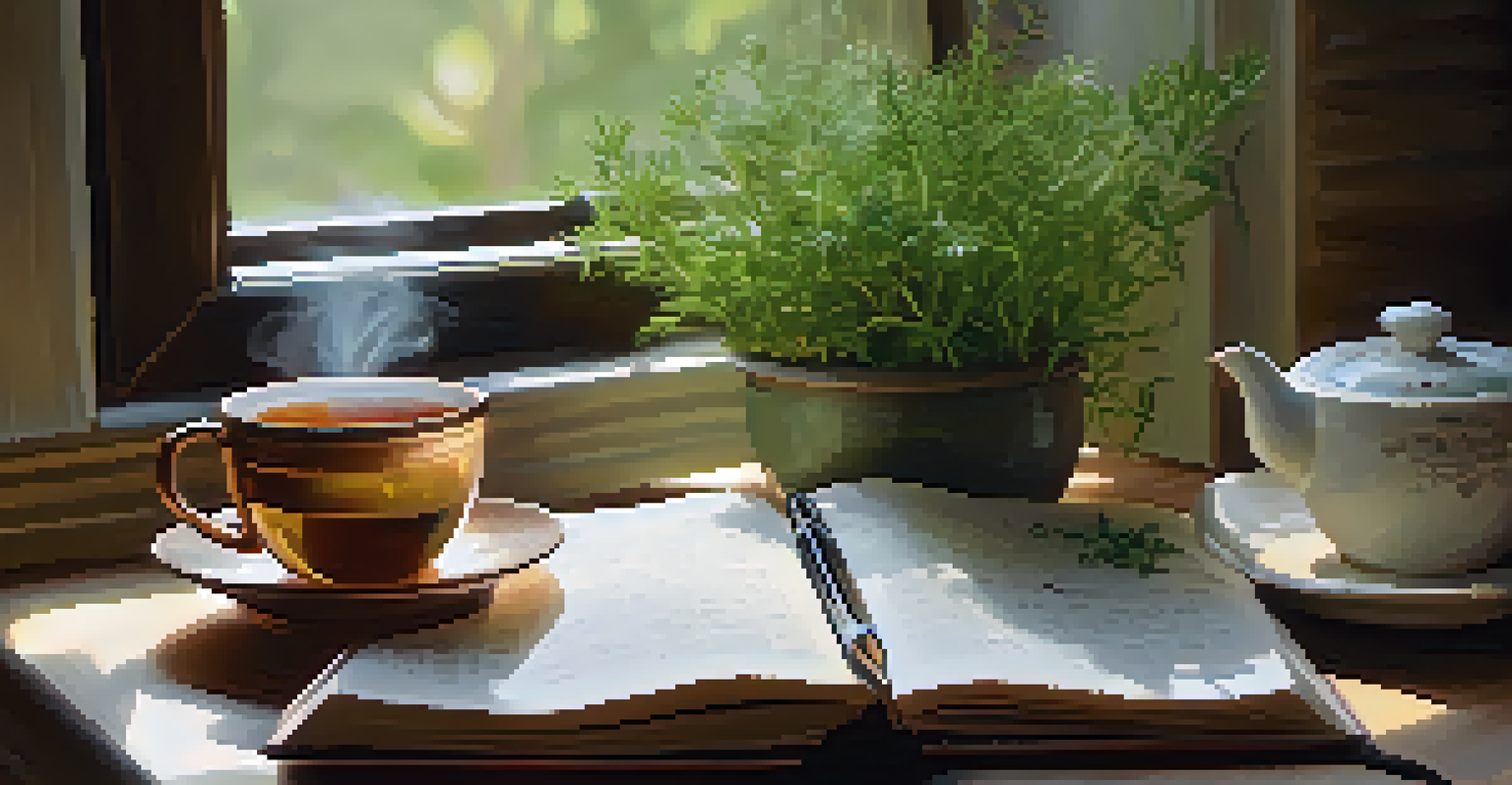 A cozy scene with a cup of herbal tea, fresh herbs, and an open journal on a table, illuminated by warm light.