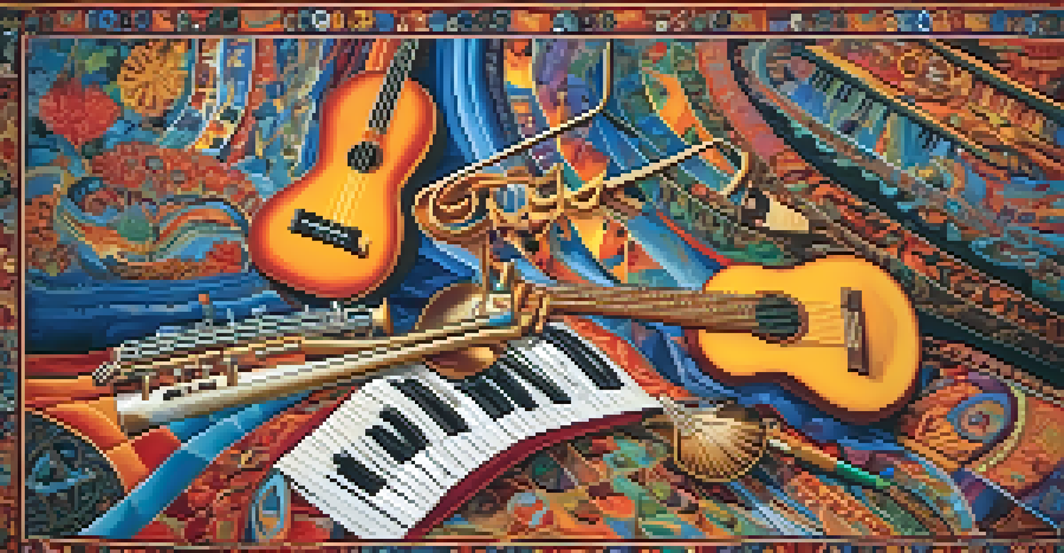 An artistic arrangement of musical instruments on a colorful tapestry, symbolizing music's role in hallucinogenic experiences.
