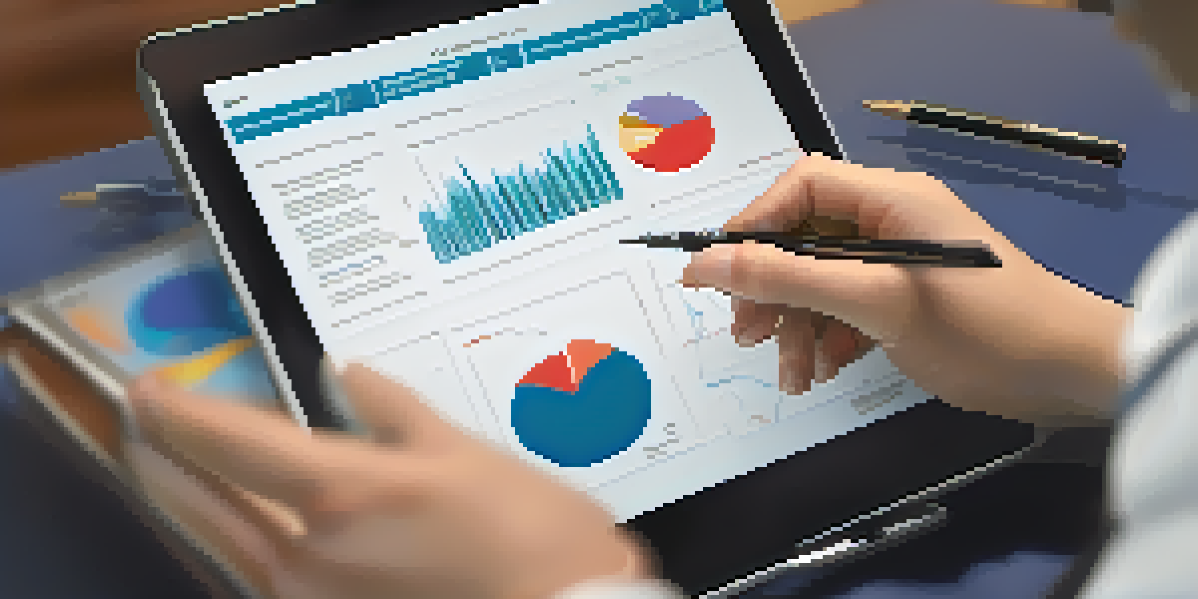 A therapist's hands holding a tablet, analyzing patient data with glowing graphs on the screen.