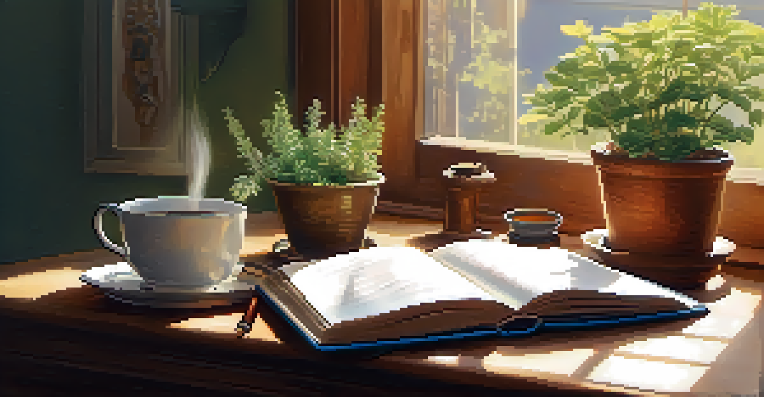 A wooden table with an open notebook, a cup of tea, and a potted plant, illuminated by warm light.