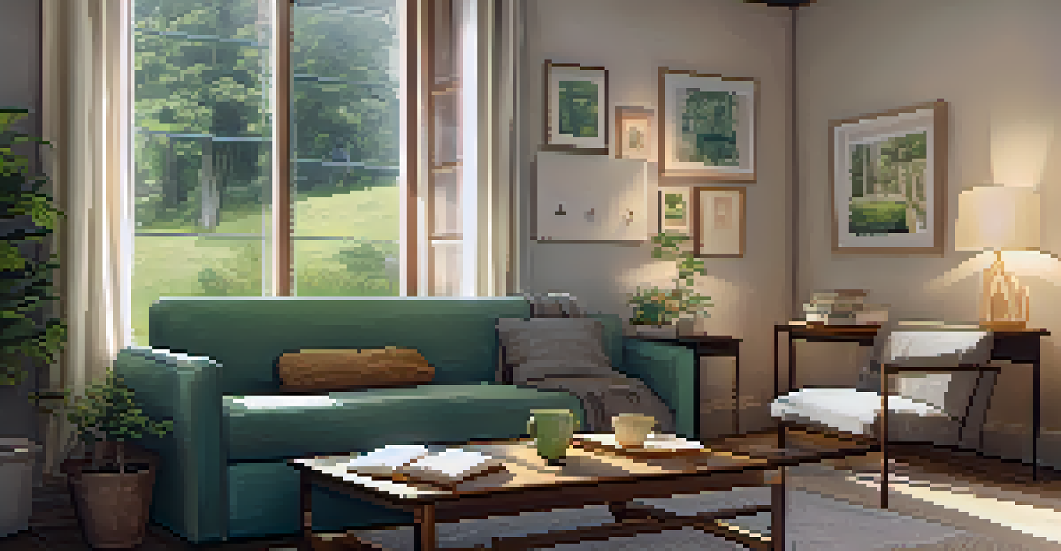 A warm and inviting therapy room with a couch, relaxing art, and a table with tea and a journal.