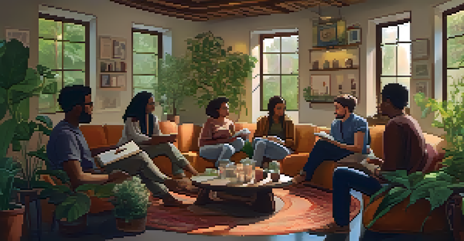 A diverse group of people seated in a circle, discussing microdosing in a cozy indoor setting.