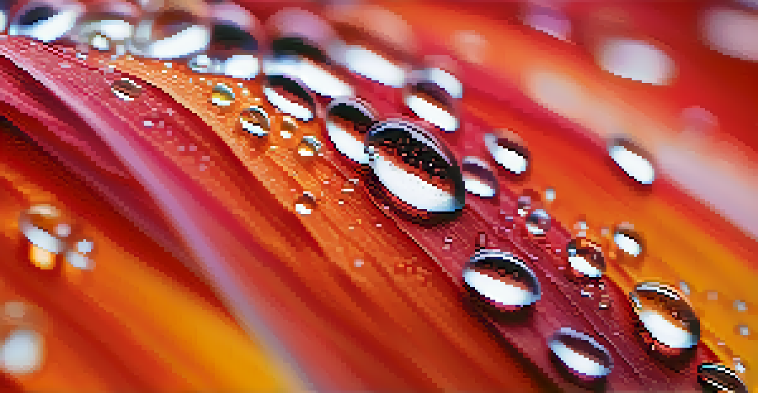 A close-up of a vibrant flower petal with water droplets, showing detailed textures and bright colors.