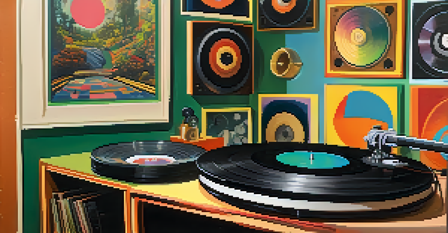 A close-up of a spinning vinyl record with psychedelic album artwork in a cozy music-filled room.
