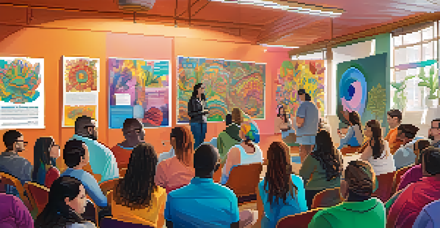 A lively community workshop on mental health with a speaker and an engaged audience discussing psychedelics.