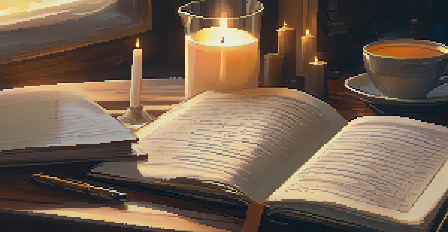 A close-up of an open journal with handwritten notes, a cup of tea, and a lit candle creating a cozy atmosphere.