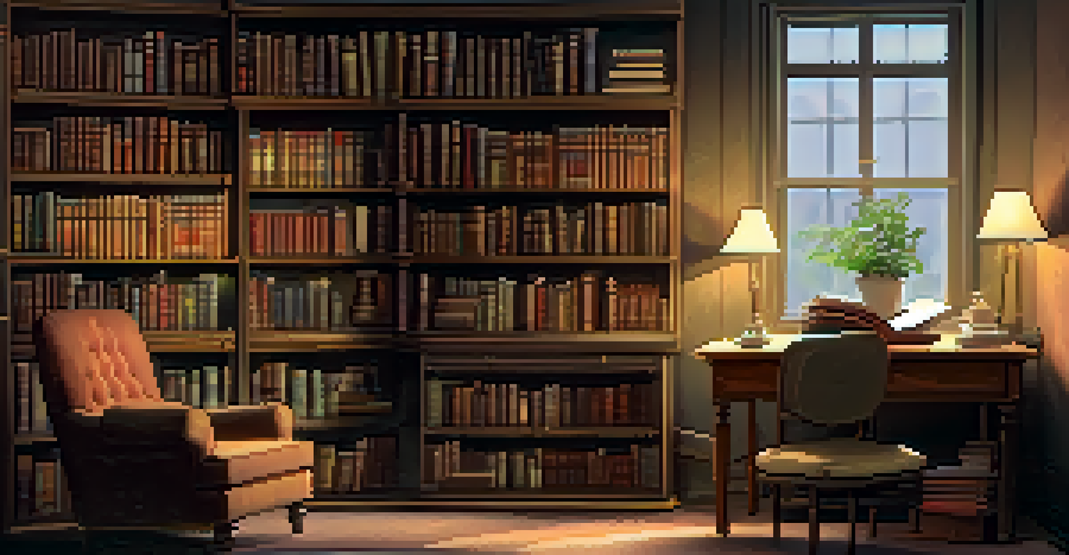 A cozy study room with books, a wooden desk with an open notebook, a cup of tea, and a comfortable armchair.