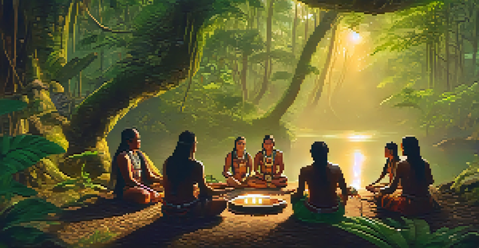 A tranquil Amazon rainforest scene depicting a shamanic ceremony with participants in a circle, surrounded by lush greenery and soft golden sunlight.