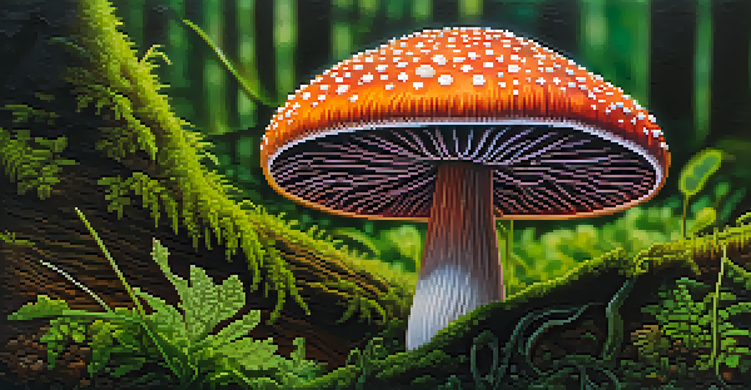 A detailed close-up of a psilocybin mushroom in a green, mossy environment.