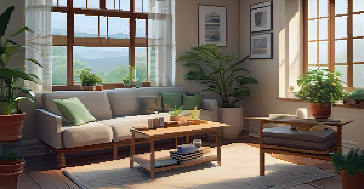 A warm therapy room with a couch, plants, and calming artwork, creating a peaceful environment.