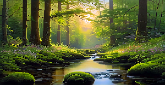 A peaceful forest at dawn with sunlight filtering through the leaves, a stream flowing, and wildflowers blooming.