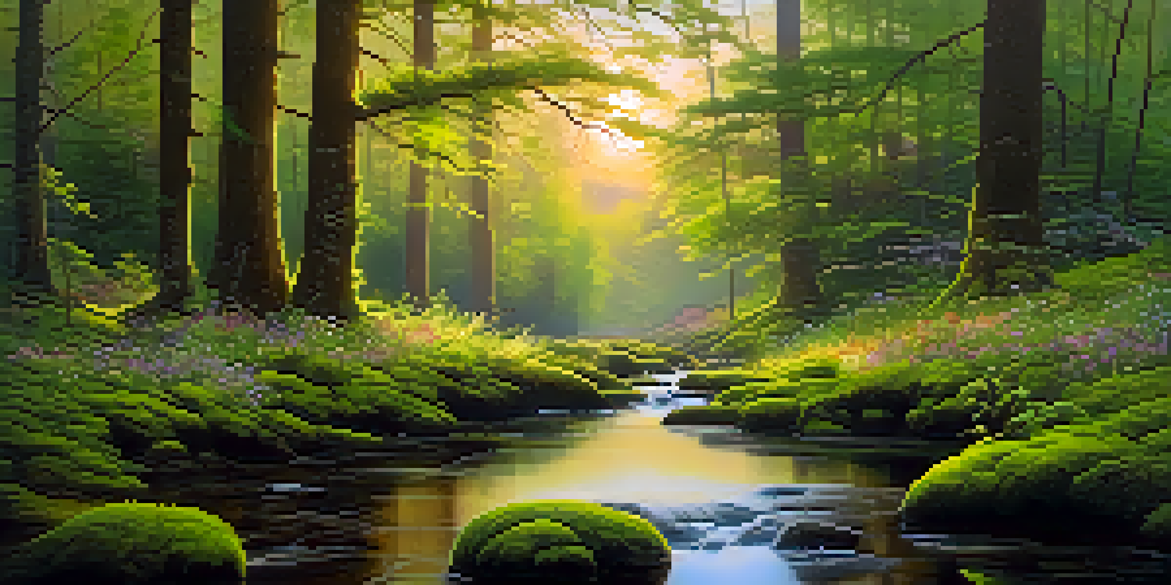 A peaceful forest at dawn with sunlight filtering through the leaves, a stream flowing, and wildflowers blooming.