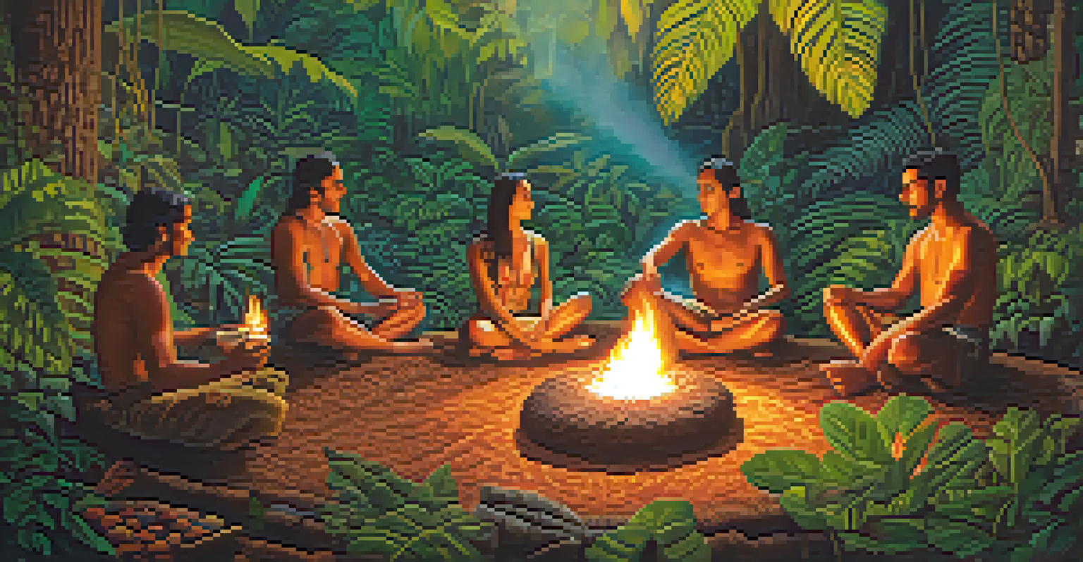 A serene ayahuasca ceremony in a rainforest with participants sitting around a fire.