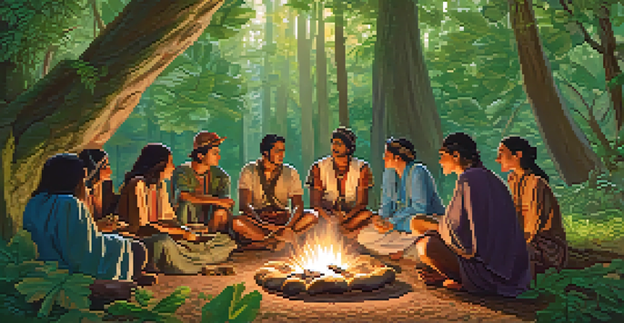 A group of diverse individuals in traditional clothing gather around a fire in a lush green forest, sharing psilocybin mushrooms in a ritual.