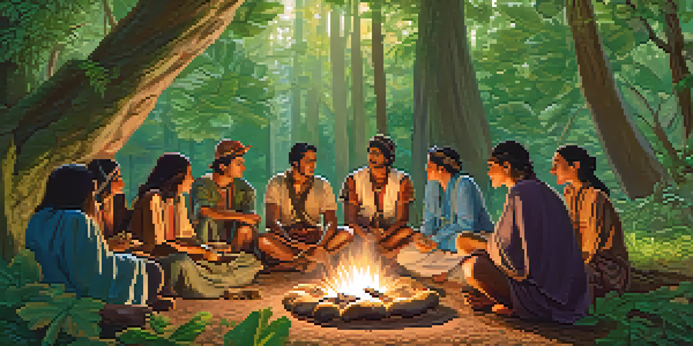 A group of diverse individuals in traditional clothing gather around a fire in a lush green forest, sharing psilocybin mushrooms in a ritual.