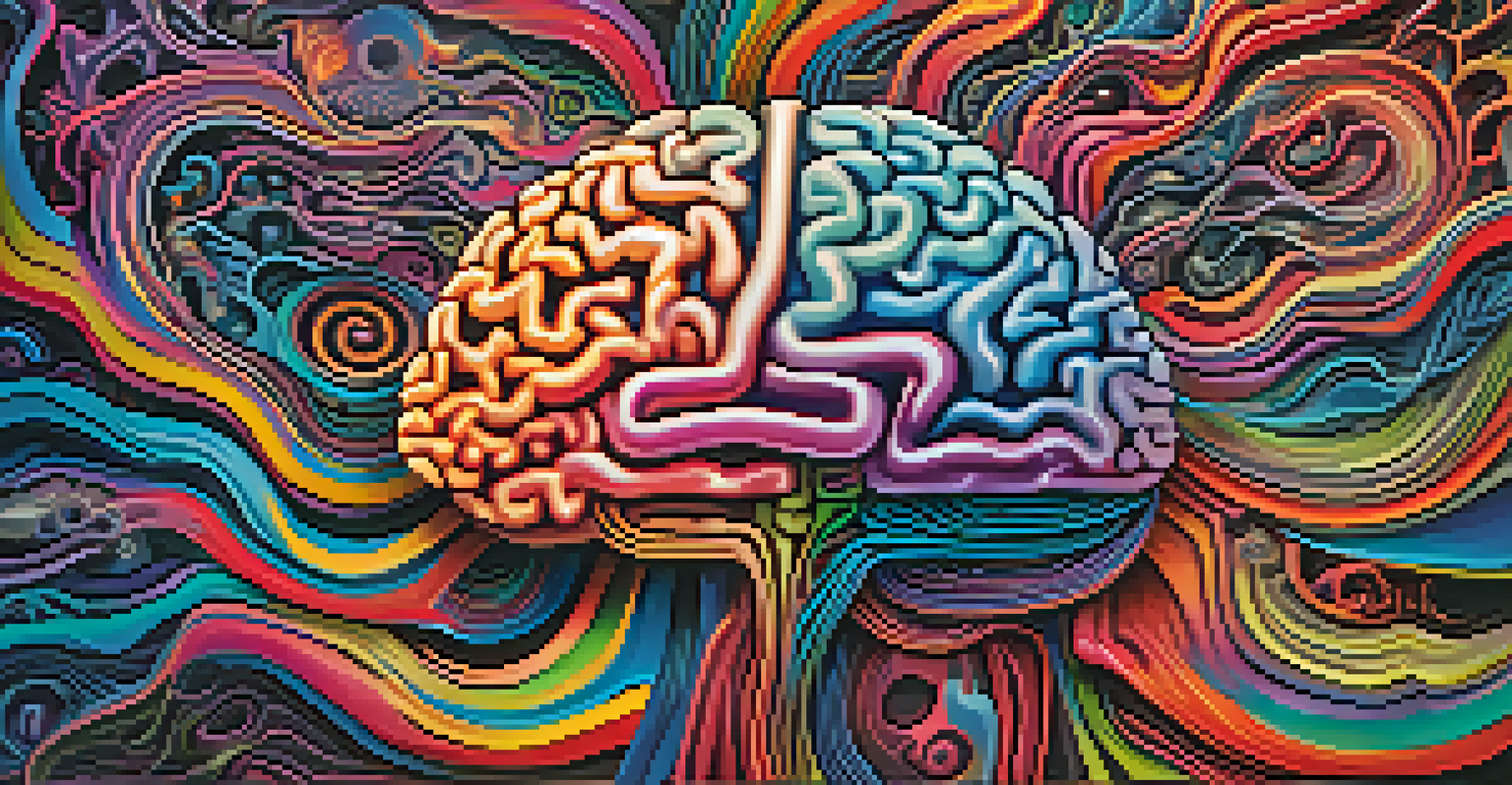 An abstract depiction of the brain surrounded by vibrant colors and flowing patterns, symbolizing transformation and awareness.