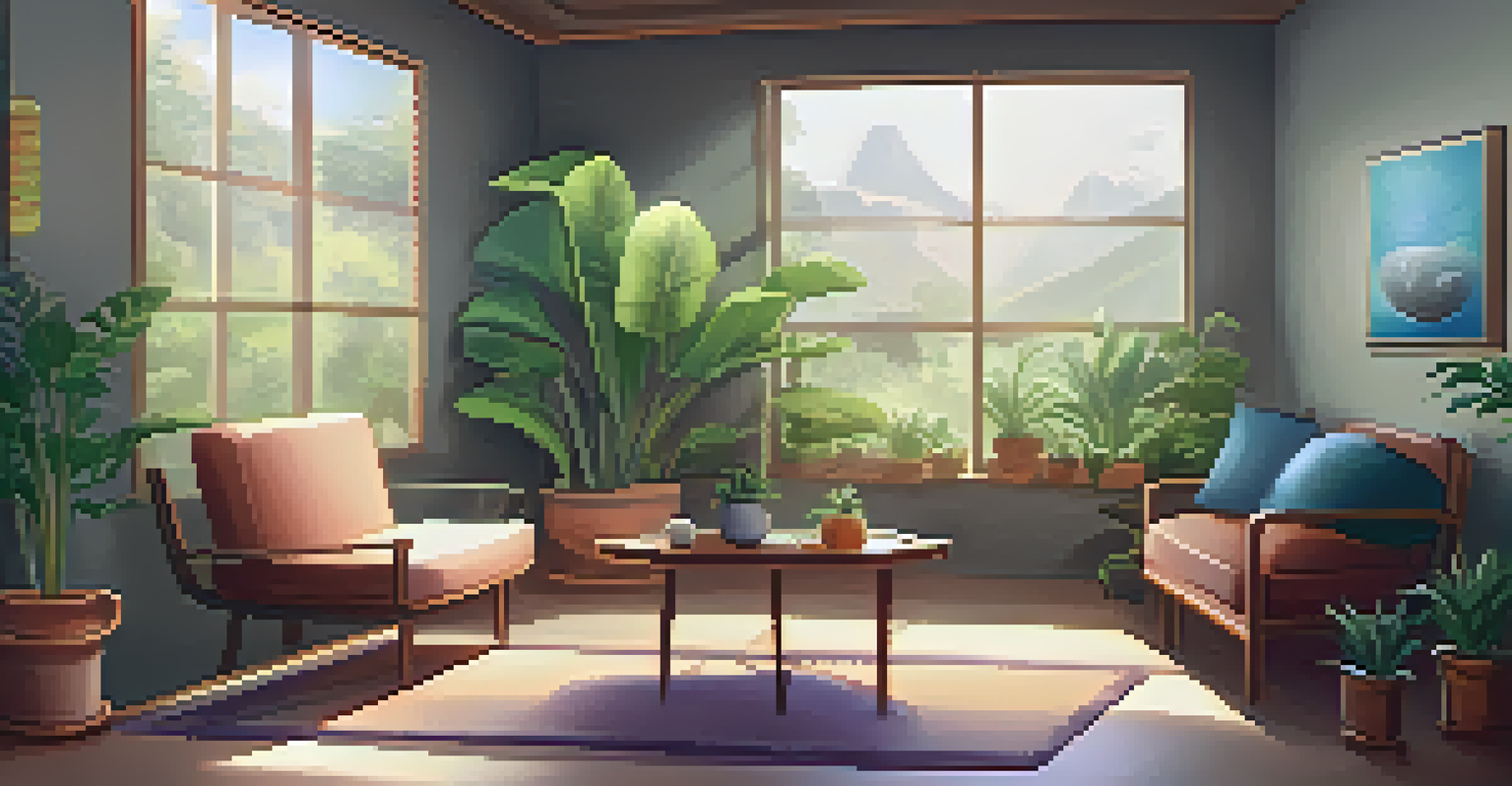 A calming therapy room with comfortable seating, soft lighting, calming artwork on the walls, and plants, designed for hallucinogenic therapy.