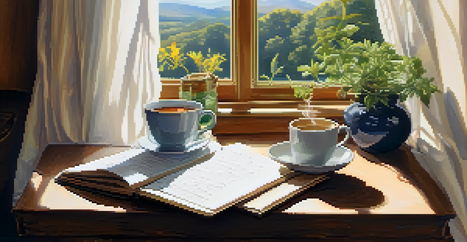 A close-up of a hand writing in a journal with a cup of tea beside it, set against a sunlit window with soft curtains.