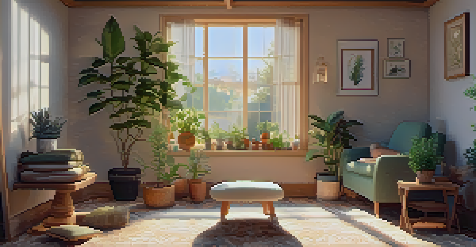 A warm and inviting therapy room filled with plants and soft lighting, designed for introspection and emotional healing.