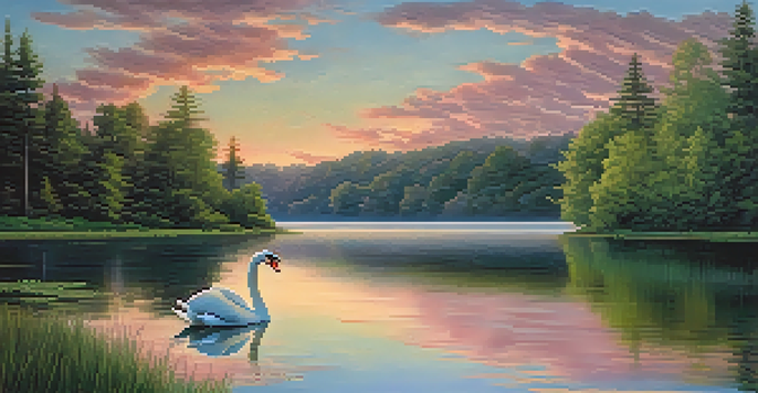 A tranquil lake surrounded by green forests at twilight, featuring colorful cloud reflections and a swan gliding on the water.