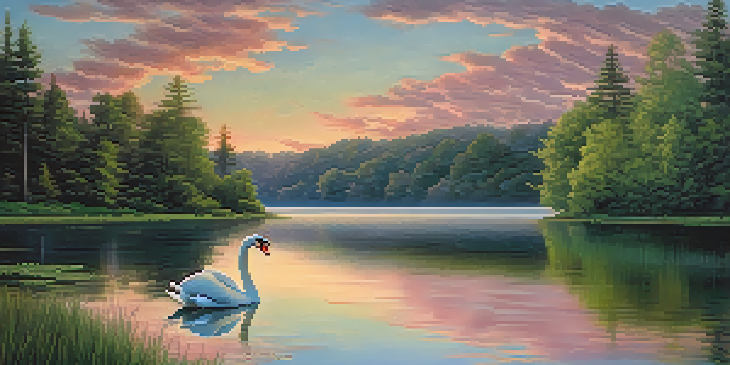 A tranquil lake surrounded by green forests at twilight, featuring colorful cloud reflections and a swan gliding on the water.