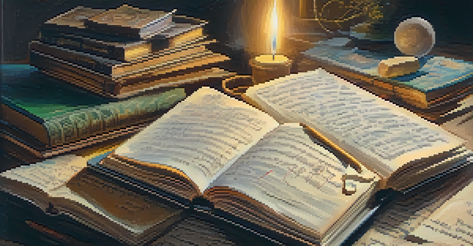 A vintage book open with handwritten notes and sketches, illuminated by warm lighting on a wooden table.