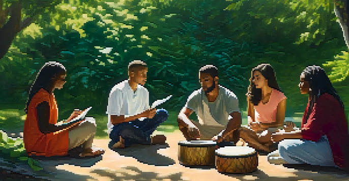 A diverse group of people sitting in a circle in a green forest, discussing and sharing insights, with a journal and drum in their midst.