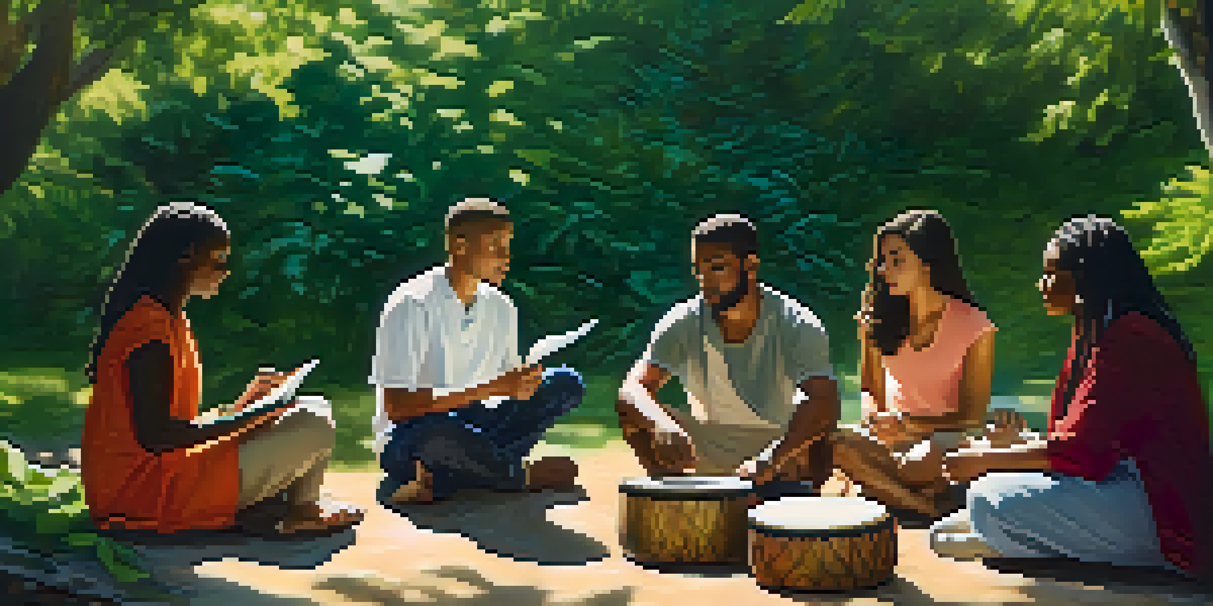 A diverse group of people sitting in a circle in a green forest, discussing and sharing insights, with a journal and drum in their midst.