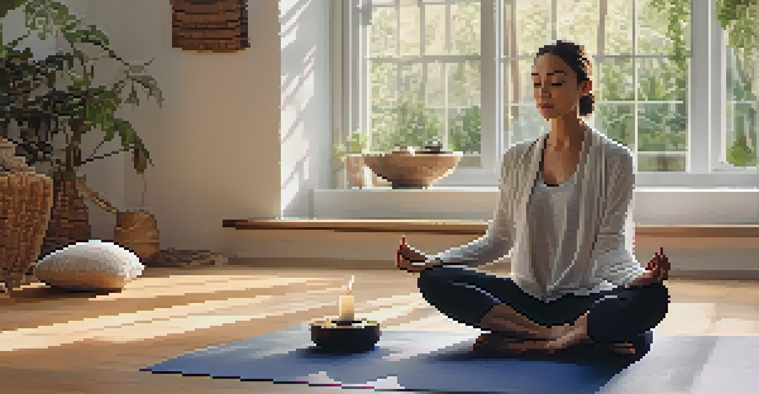 A person meditating on a yoga mat in a sunlit room filled with calming decorations like candles and cushions.