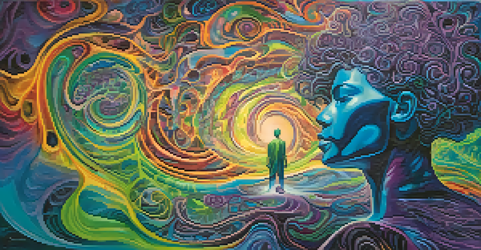 An abstract image showing swirling colorful patterns representing the combination of breathwork and psychedelics around a meditating human silhouette.