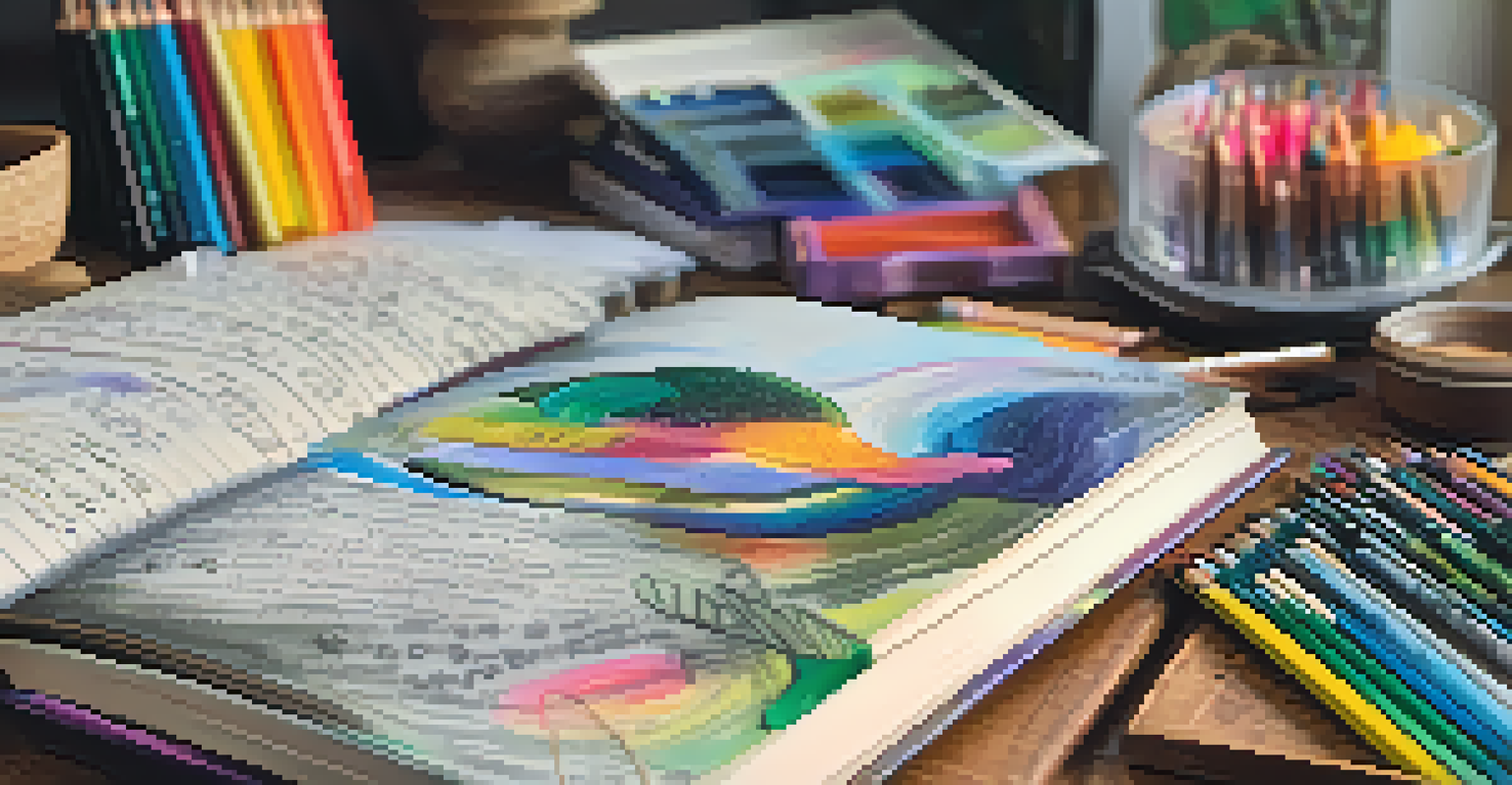 A close-up of an open journal with colorful drawings and notes, surrounded by art supplies.