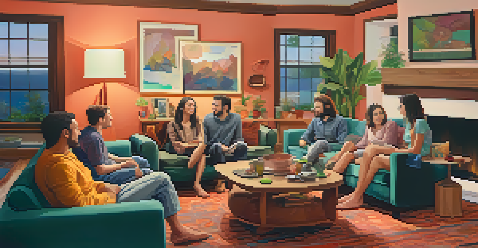A group of friends in a cozy living room, engaging in an open discussion about their psychedelic experiences, showing a supportive environment.