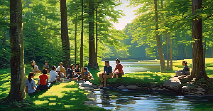 A diverse group of people sitting on the grass in a lush green forest, discussing thoughtfully by a gentle stream with sunlight filtering through the leaves.