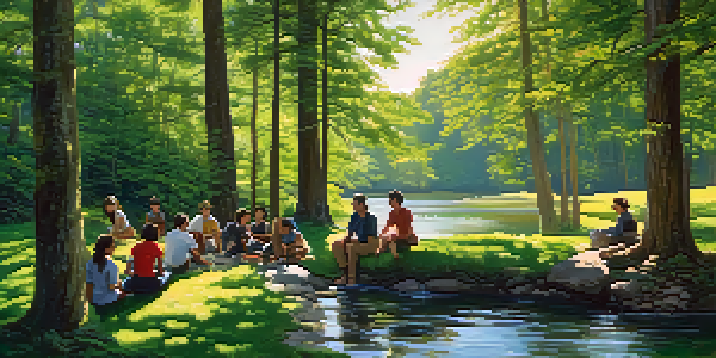 A diverse group of people sitting on the grass in a lush green forest, discussing thoughtfully by a gentle stream with sunlight filtering through the leaves.