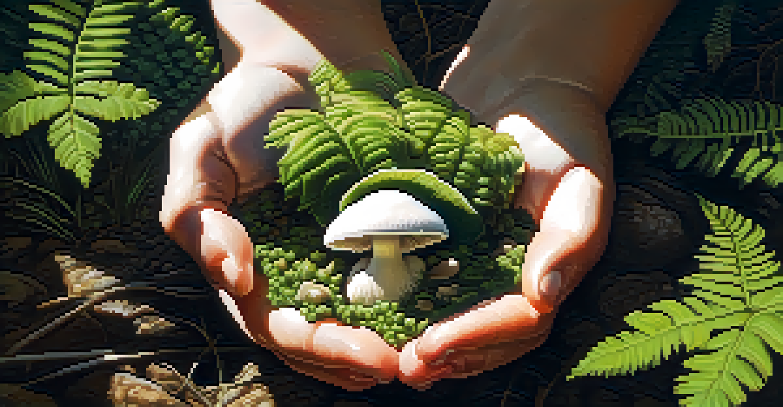 Close-up of hands holding a blooming mushroom in a green forest with sunlight filtering through.