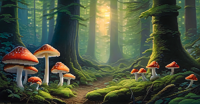 A twilight forest scene with glowing mushrooms, ancient trees, and soft sunlight filtering through leaves, creating a magical atmosphere.