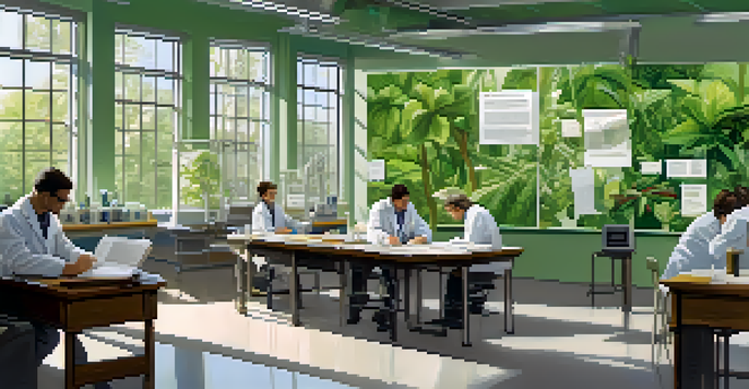 A diverse group of scientists in a bright research lab discussing ethics and research, surrounded by papers and ethical guidelines on the walls.