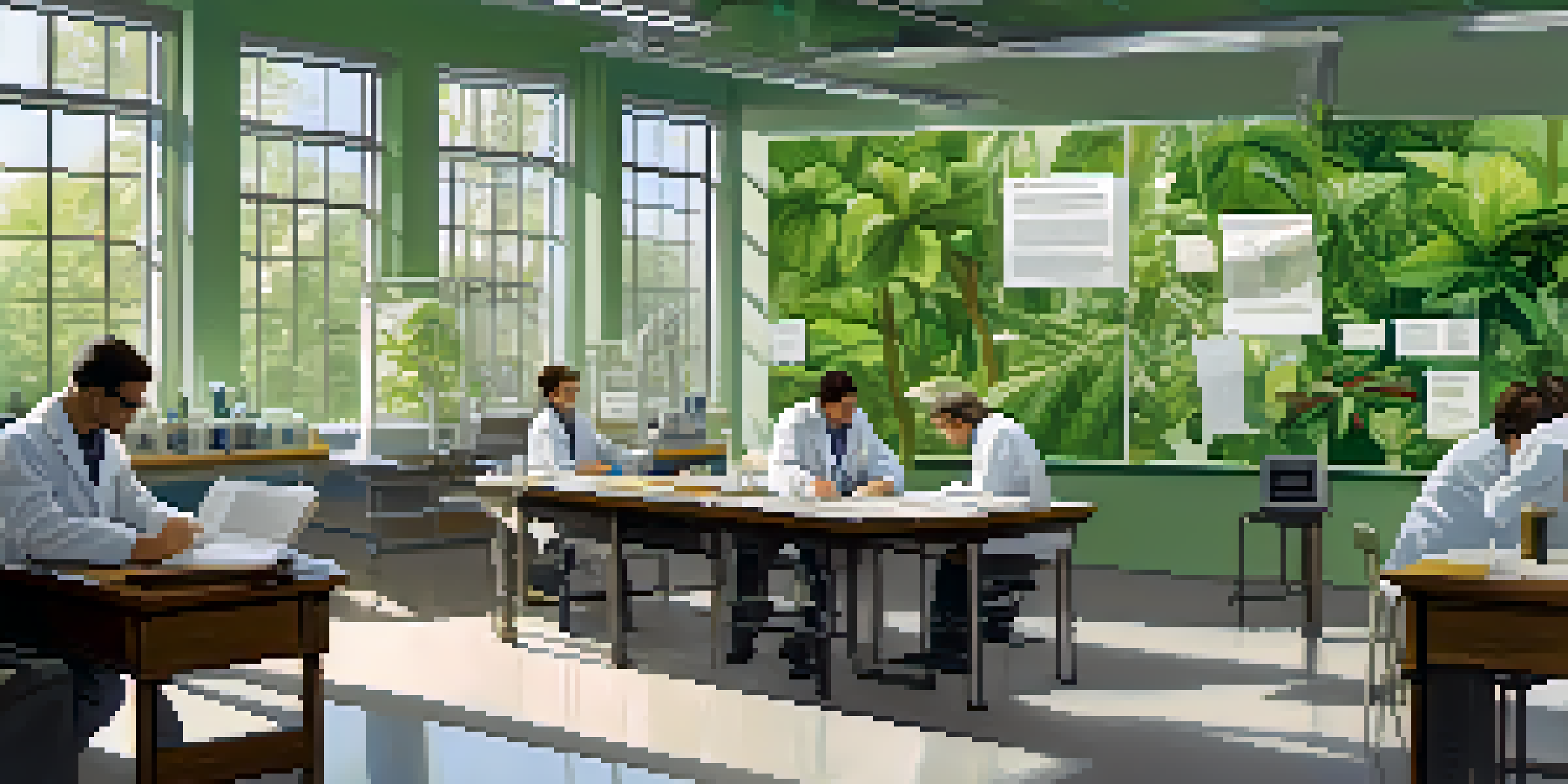 A diverse group of scientists in a bright research lab discussing ethics and research, surrounded by papers and ethical guidelines on the walls.