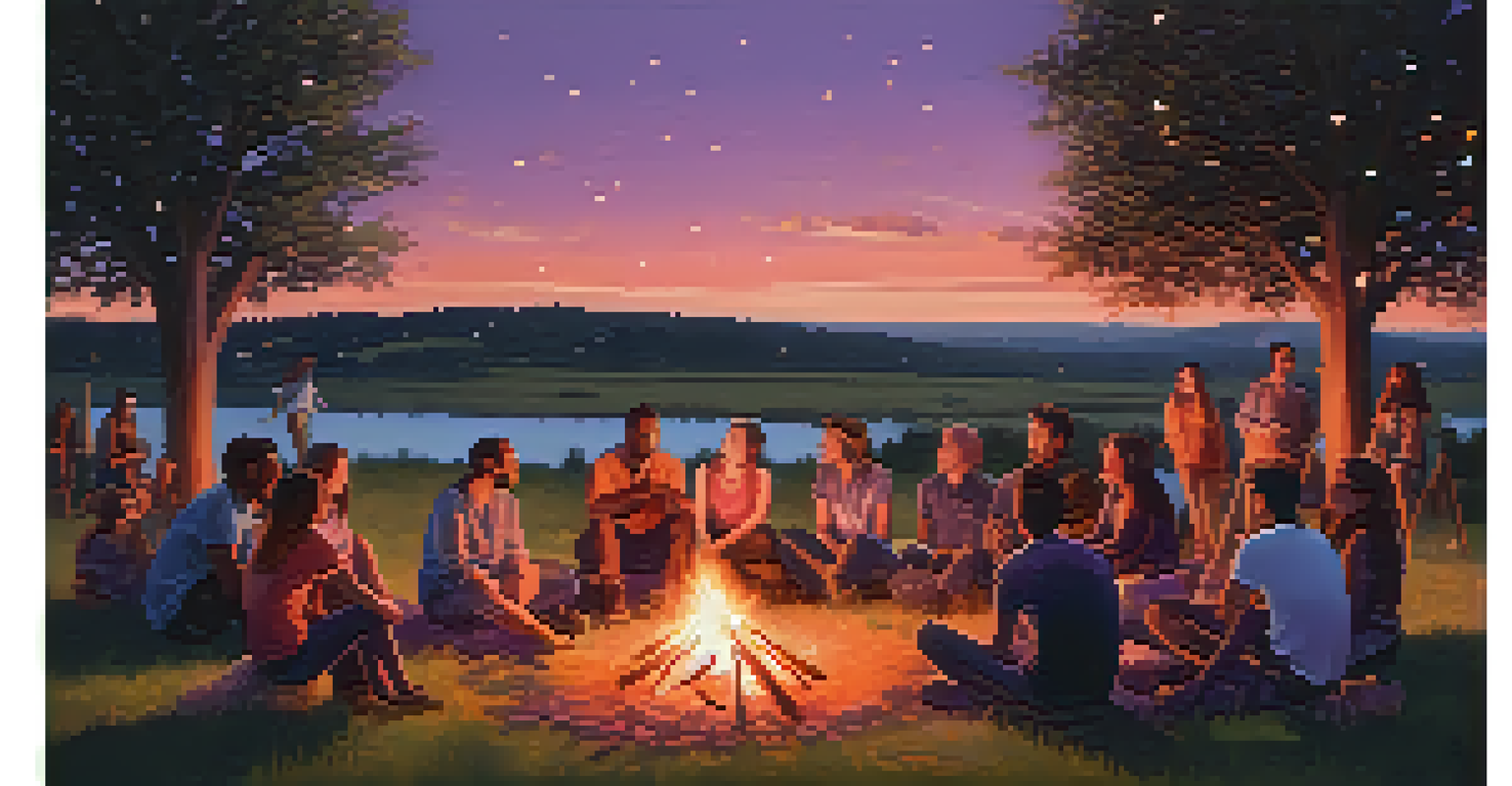 A diverse group of people around a bonfire at sunset, sharing stories in a cozy atmosphere.