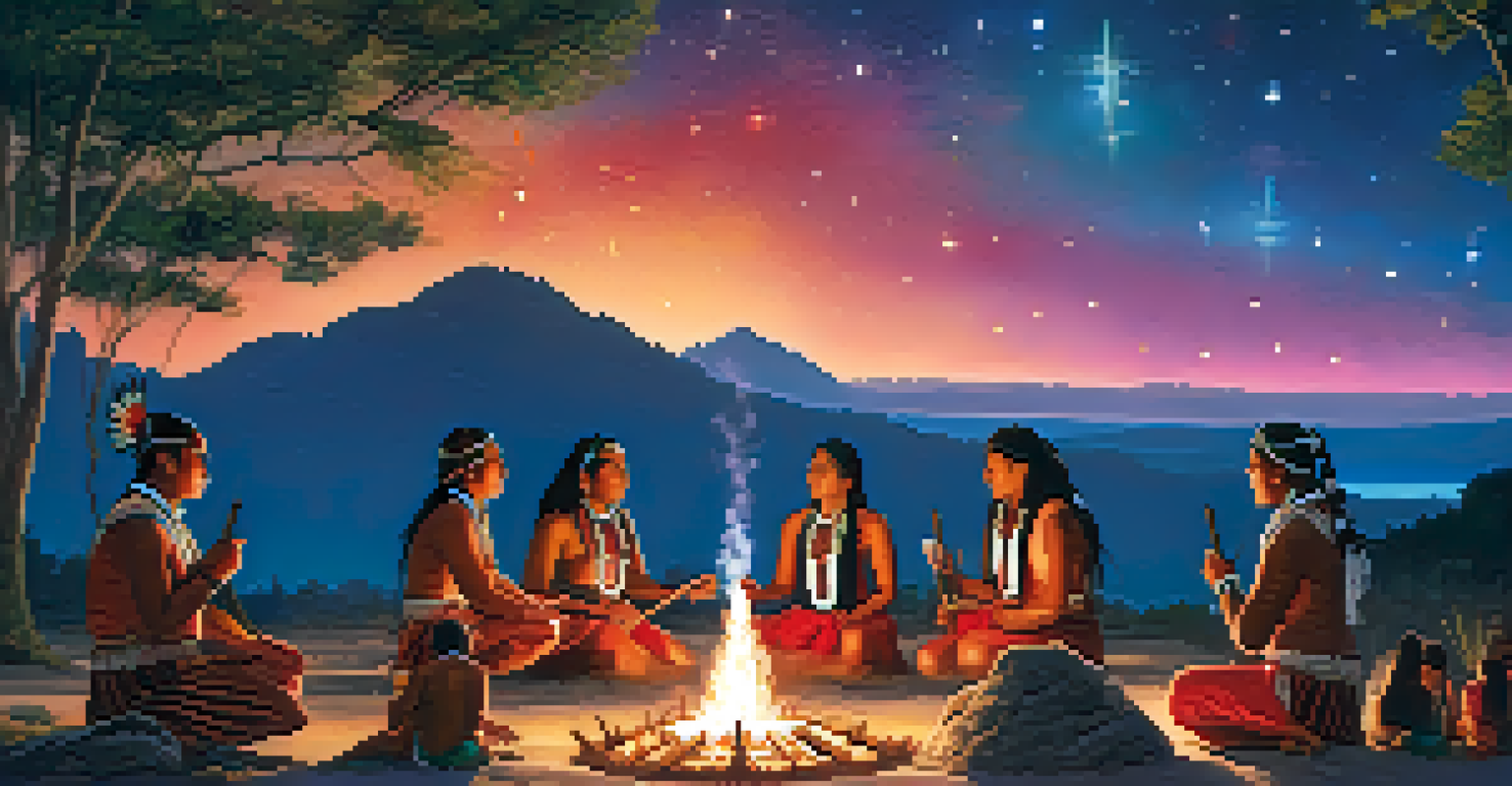 Participants in traditional attire gathered around a fire during an Indigenous ceremony under a starry night sky.
