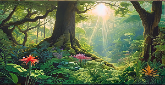 A peaceful forest filled with various sacred plants illuminated by soft sunlight, showcasing vibrant greenery and intricate textures.