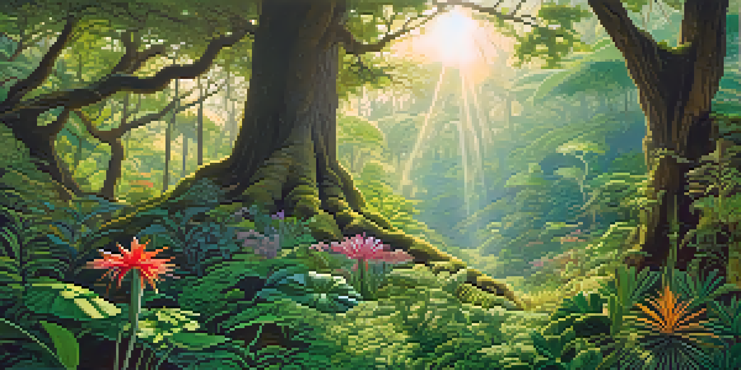 A peaceful forest filled with various sacred plants illuminated by soft sunlight, showcasing vibrant greenery and intricate textures.