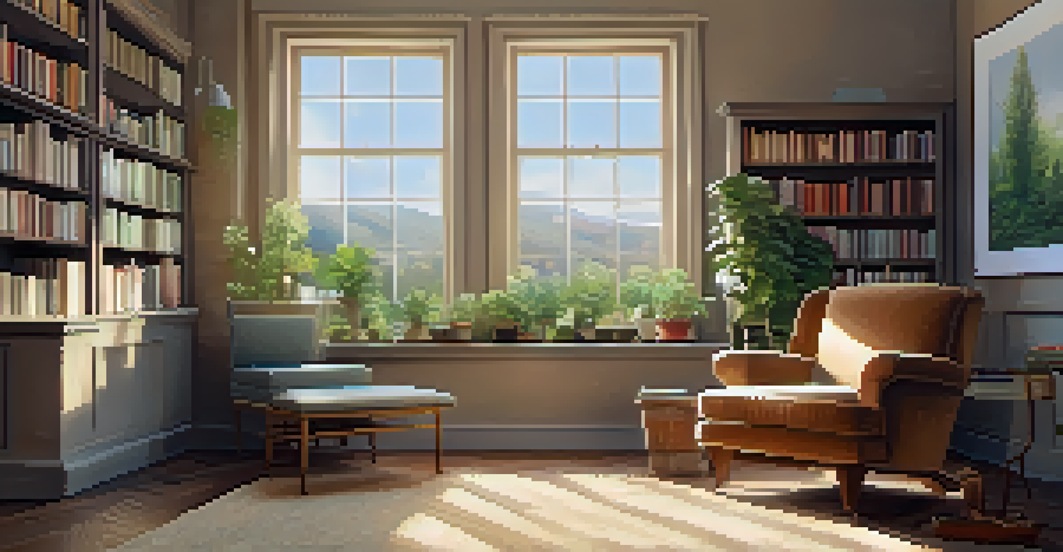 A cozy psychotherapy office with an armchair and plants.