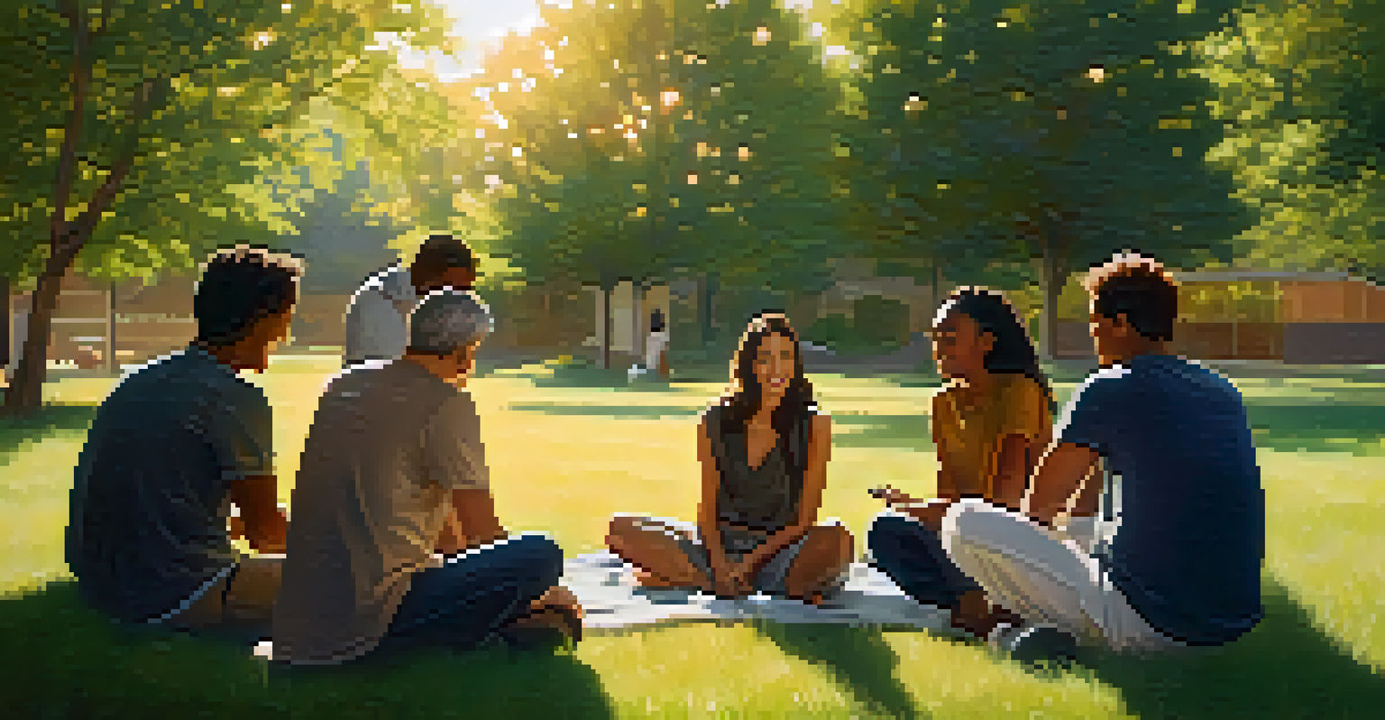 A group of people sitting in a circle on grass, sharing experiences in a warm, sunlit outdoor setting, promoting a sense of community.